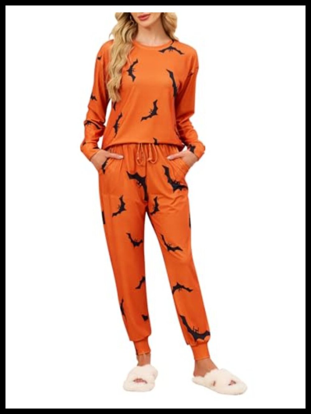 Womens Pajama Set Heart Print Lounge Set Round Neck Side Slit Drawstring Jogger
